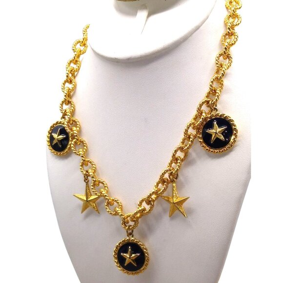 Textured Links Bib Necklace with Dangling Star Charms, Gold Tone and Navy Blue - Picture 3 of 5